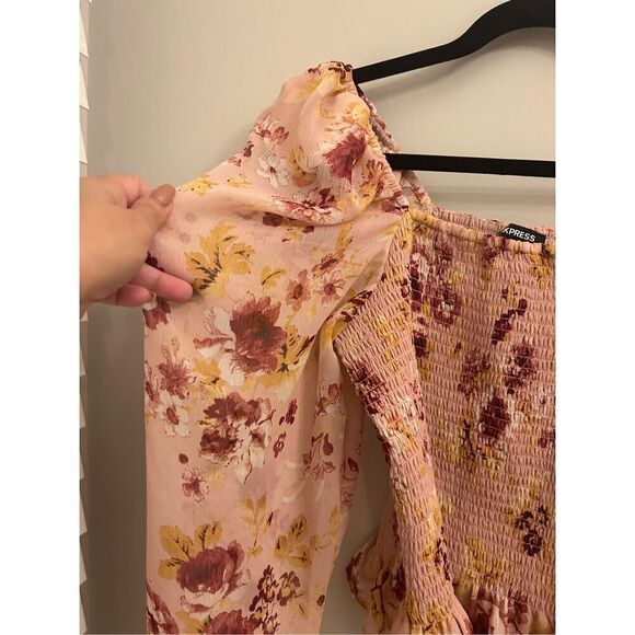 Express smocked floral blouse boho sheer sleeves M cottagecore romantic - Picture 3 of 8